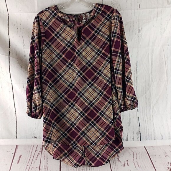 CATO Tunic Womens Size S Purple Plaid Keyhole Neck 3/4 Sleeve Blouse Shirt - Picture 1 of 9